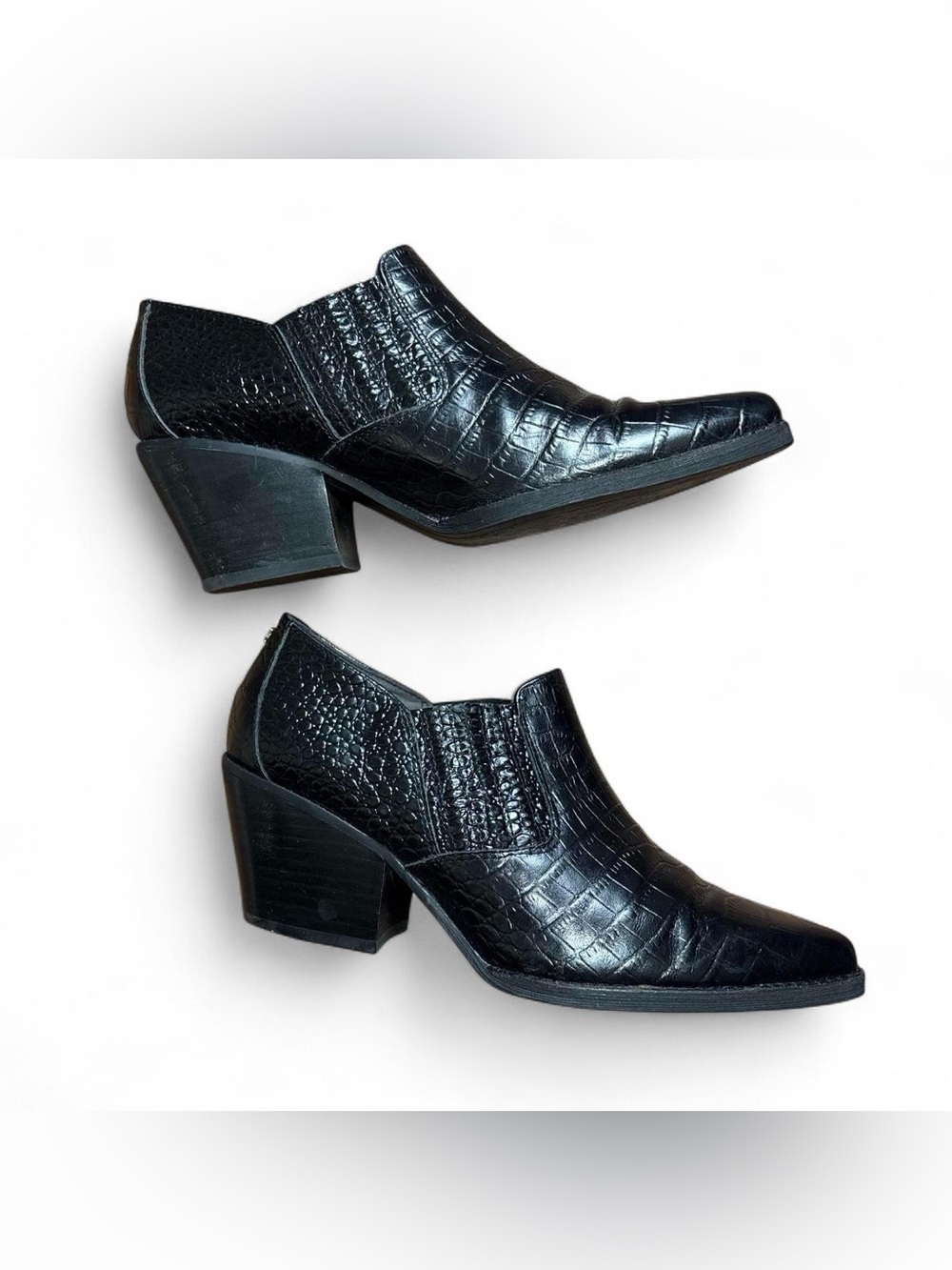 Black Croc Embossed Leather Pointed Toe Ankle Boots by Sam Edelman - Picture 2 of 7